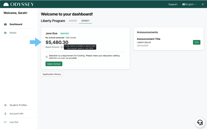 The image shows a dashboard with various tabs for a Liberty Program, displaying an approved student's account with a funding amount, a placeholder for school selection, and an upcoming award date.

AI-generated content may be incorrect.