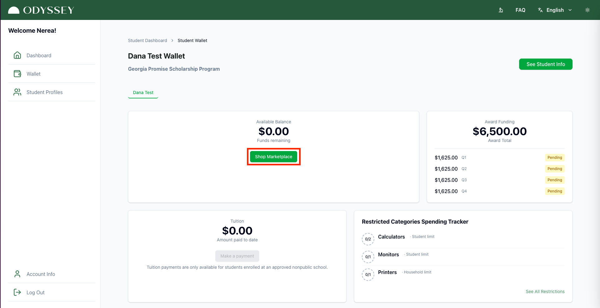 Student Wallet showing the Shop Marketplace button.