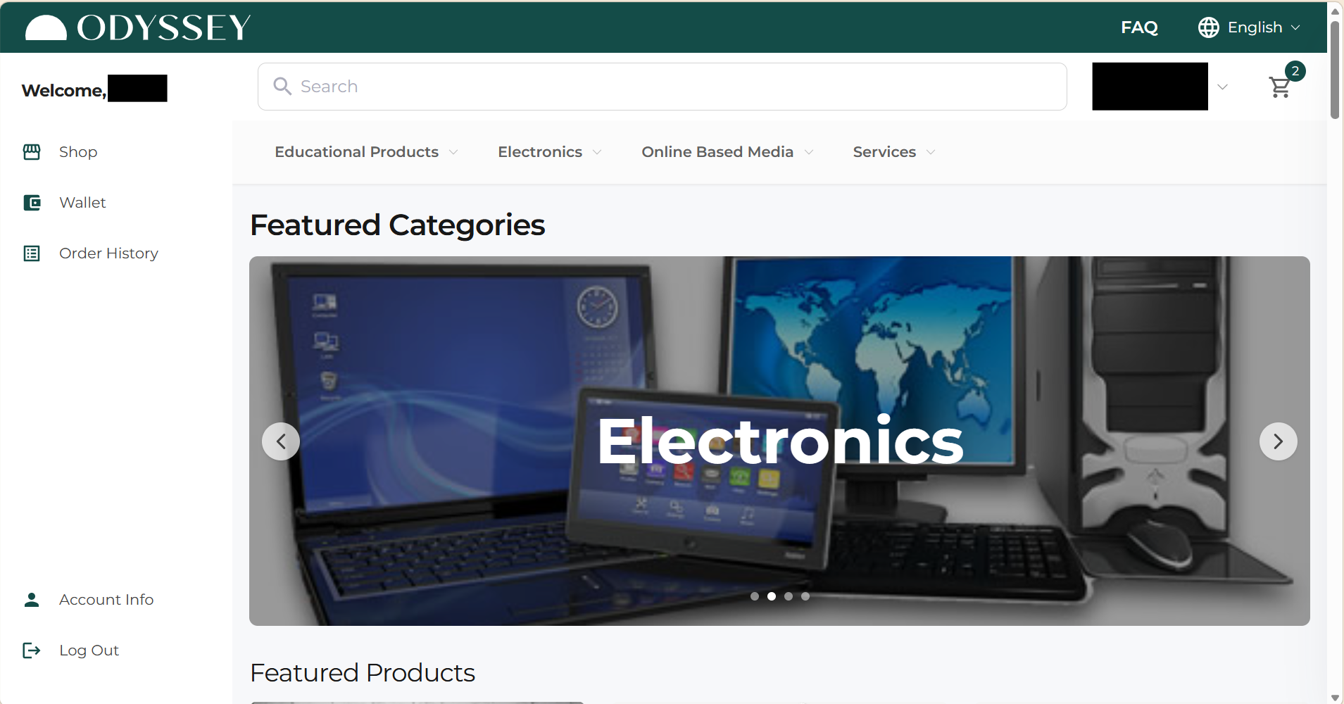 Odyssey Marketplace Shop page with search, categories, and featured products.