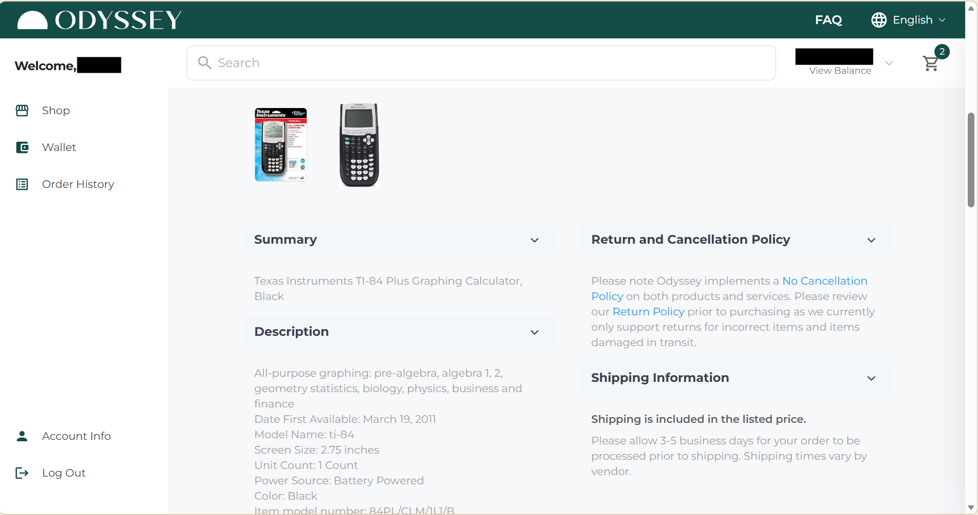  Marketplace product page showing the item description, return and cancellation policy, and shipping information.