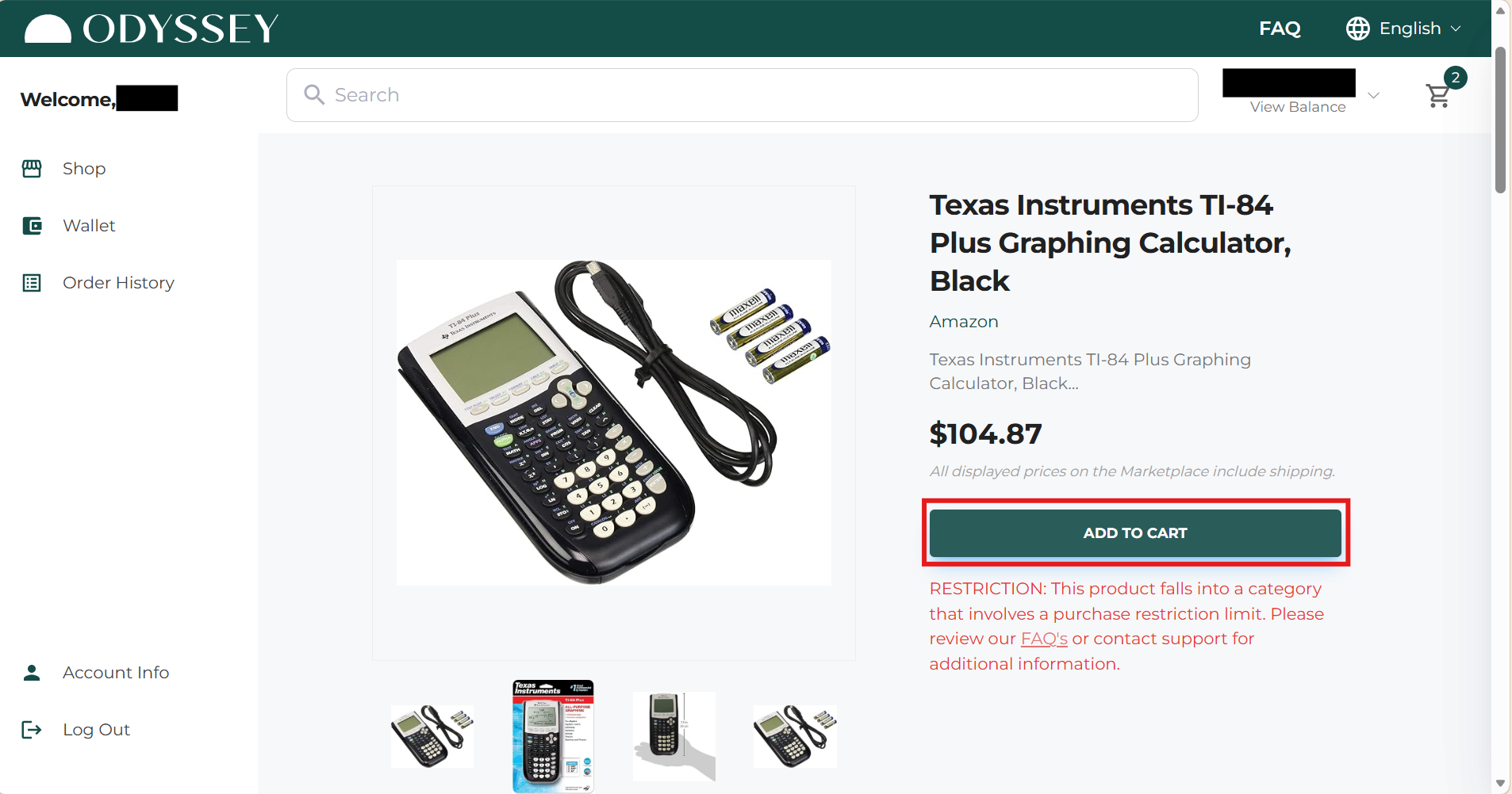 Marketplace product page showing the Add to Cart button and purchase restriction notice.