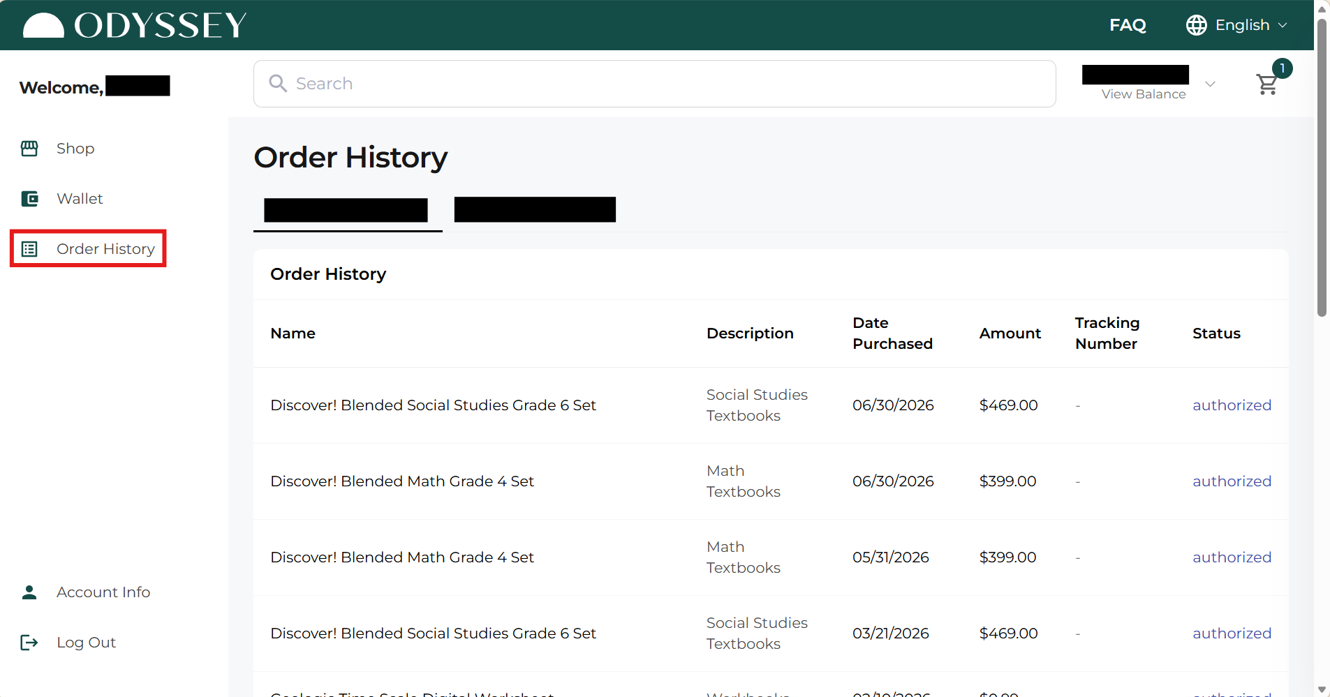  Odyssey Marketplace Order History showing previous purchases and their order details.