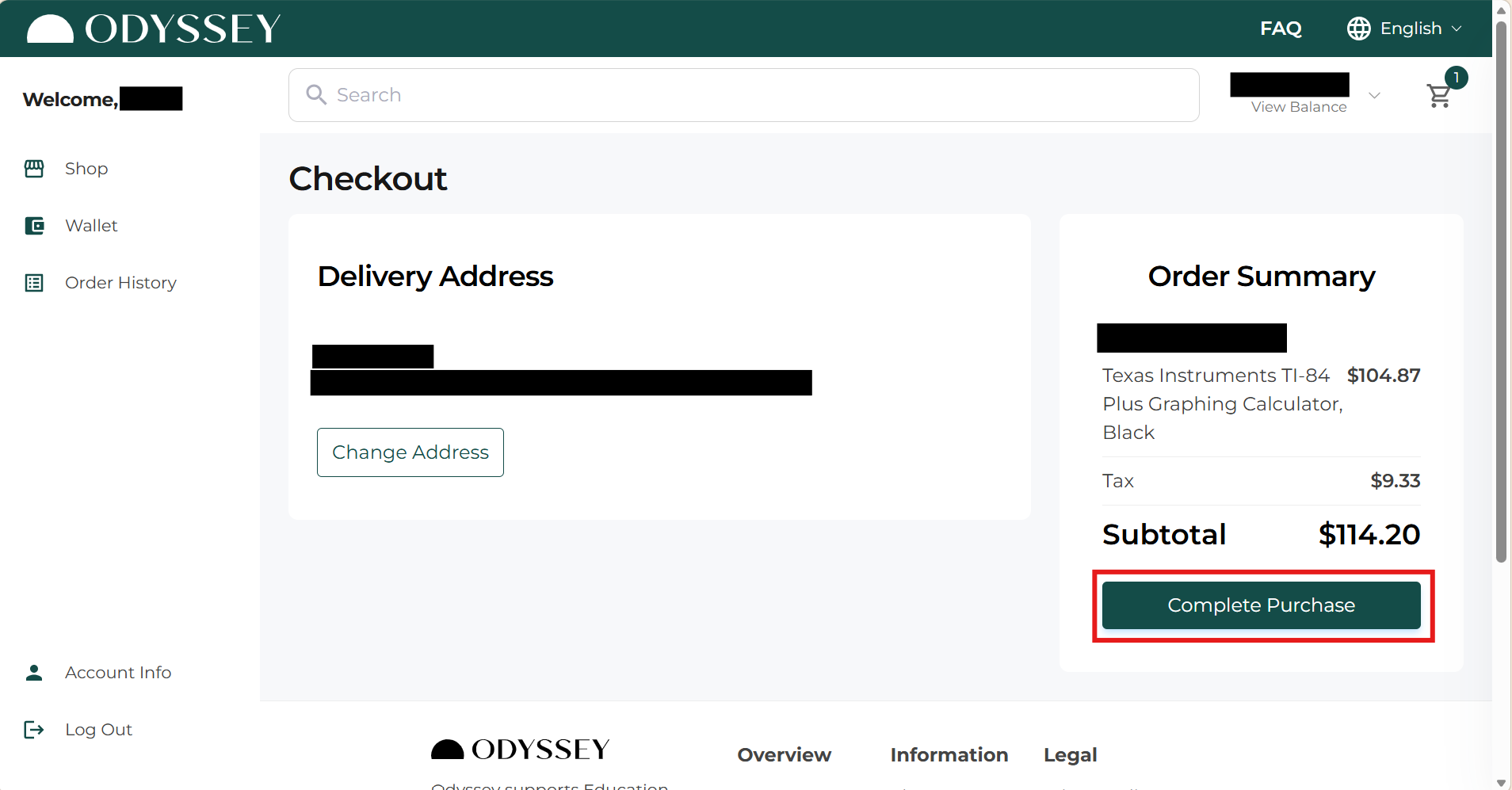  Checkout page showing the delivery address, order summary, and Complete Purchase button.
